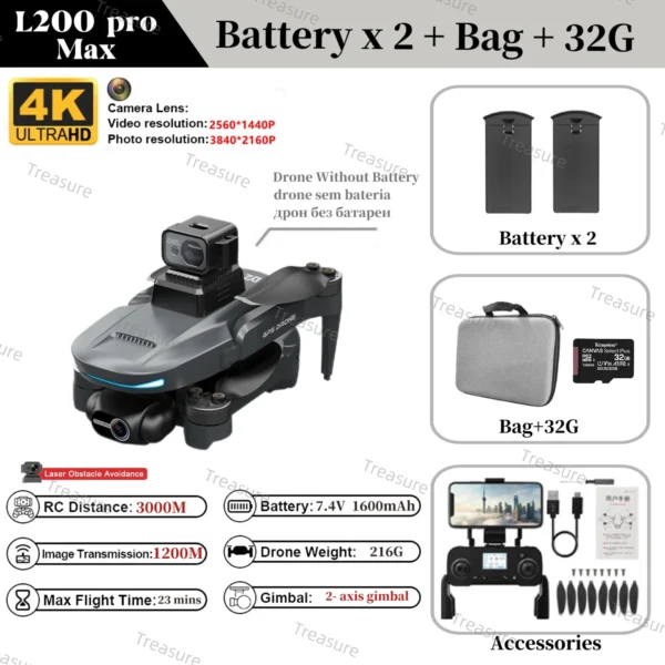 l200-pro-max-drone-4k-professional-2-axis-estabilizador de câmera 360, possui gps, tem o sistema de voltar para o ponto de partida - Image 5