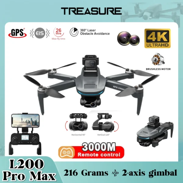 l200-pro-max-drone-4k-professional-2-axis-estabilizador de câmera 360, possui gps, tem o sistema de voltar para o ponto de partida